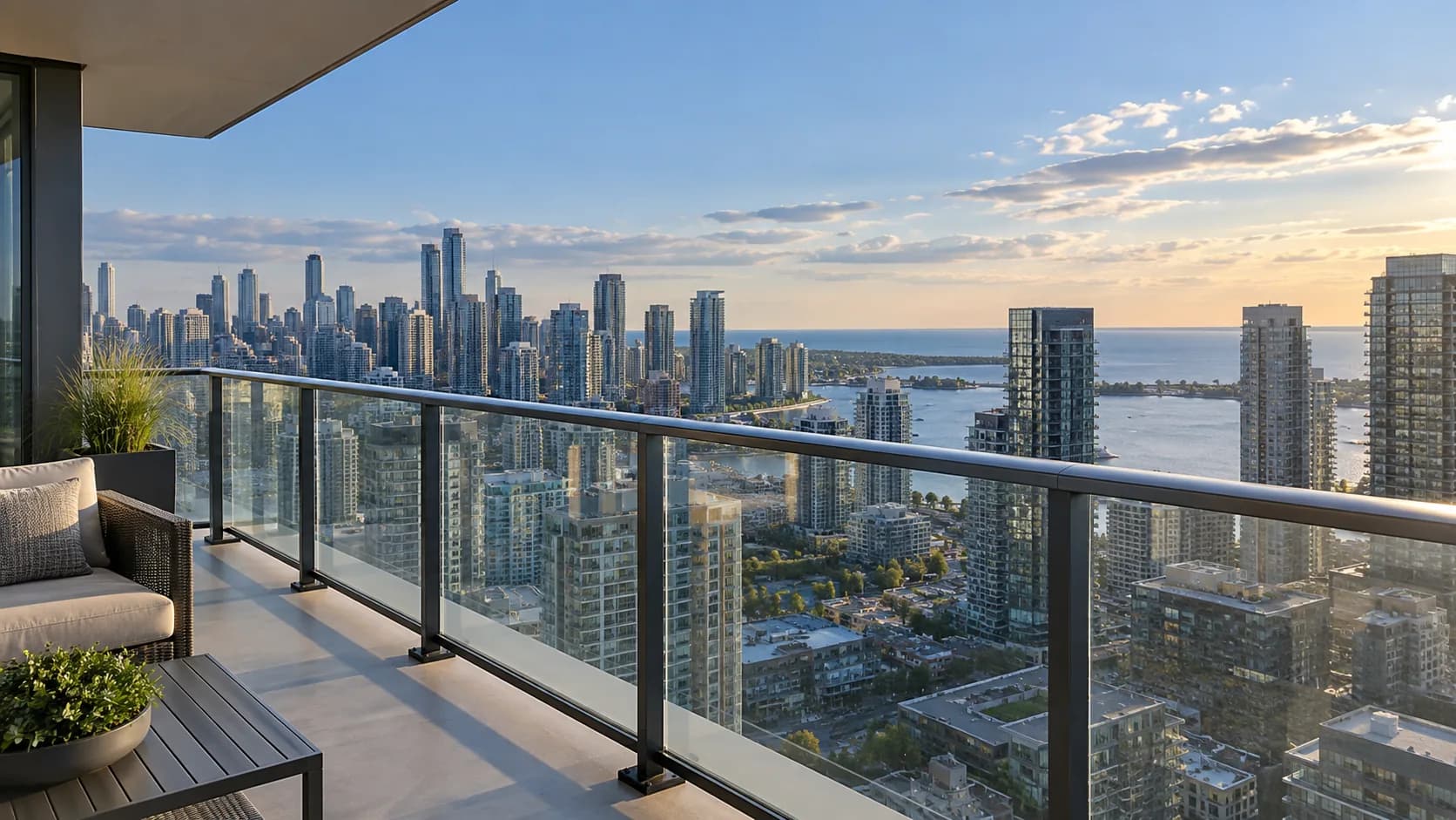 Exterior balcony / deck with glass railing and city or garden view