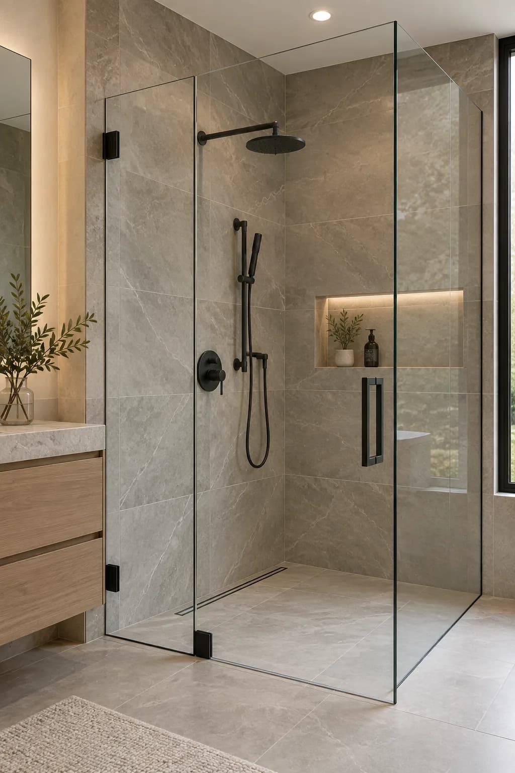 Frameless shower, matte black hardware, large-format tile