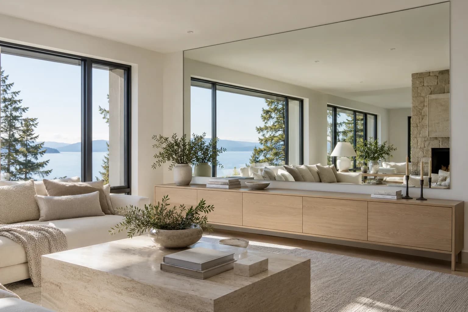 Large frameless wall mirror in a living room or entryway reflecting soft daylight