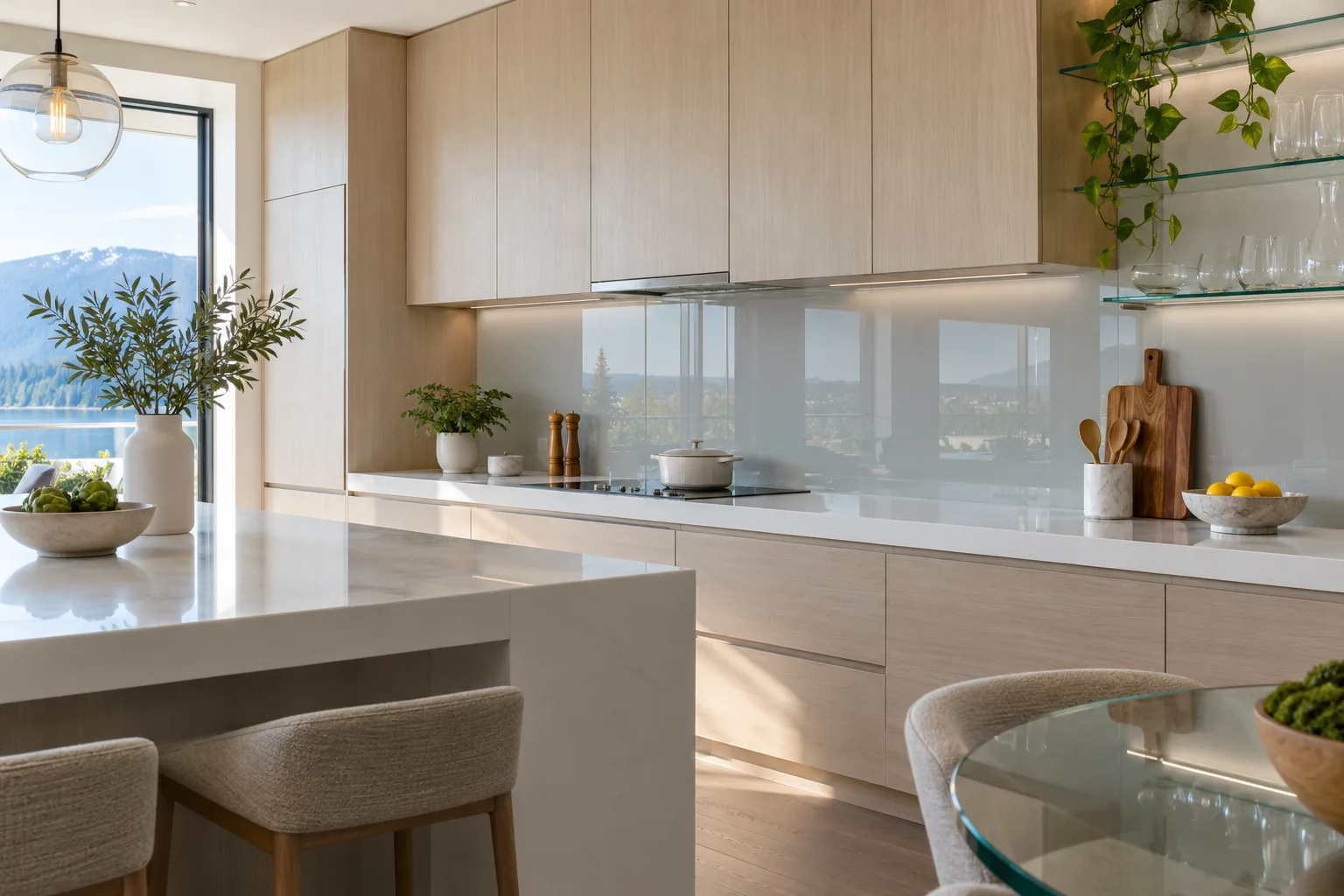Kitchen with back-painted glass backsplash in soft grey or white