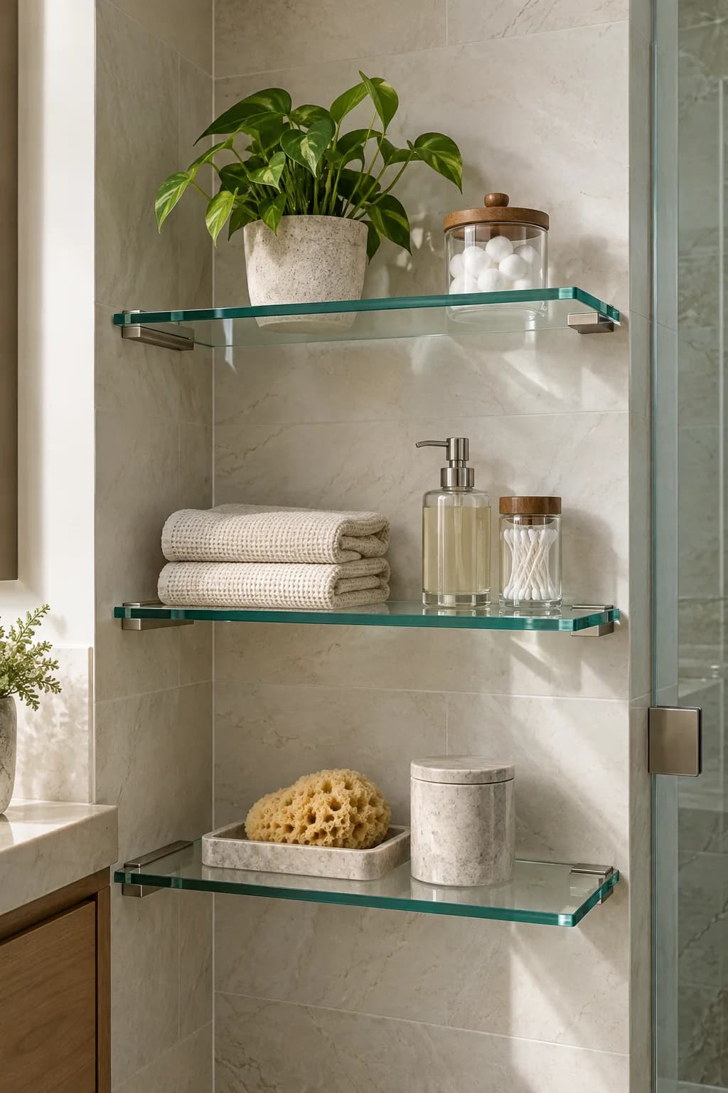 Floating glass shelves in a living room or bathroom niche