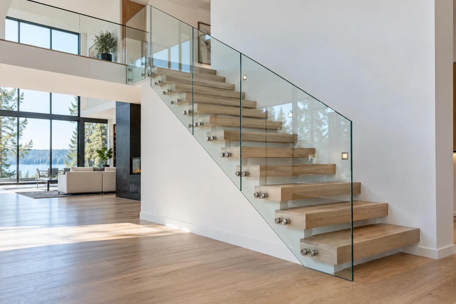 Interior staircase with frameless glass railing, natural wood treads, bright open space