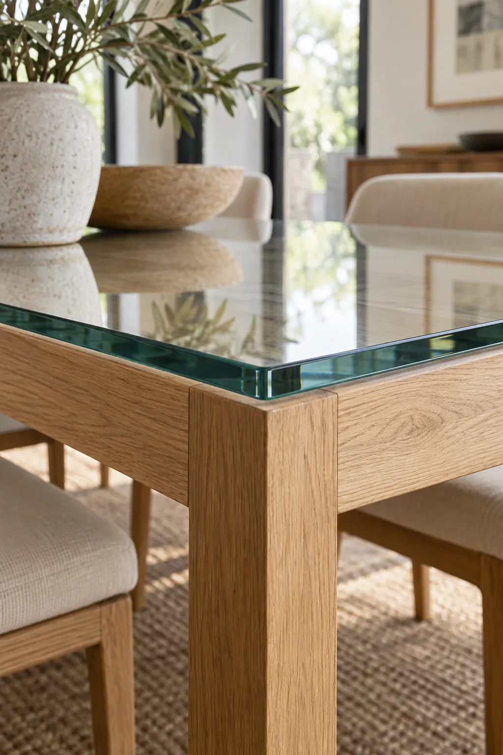 Glass tabletop on a wooden dining table, polished edge detail