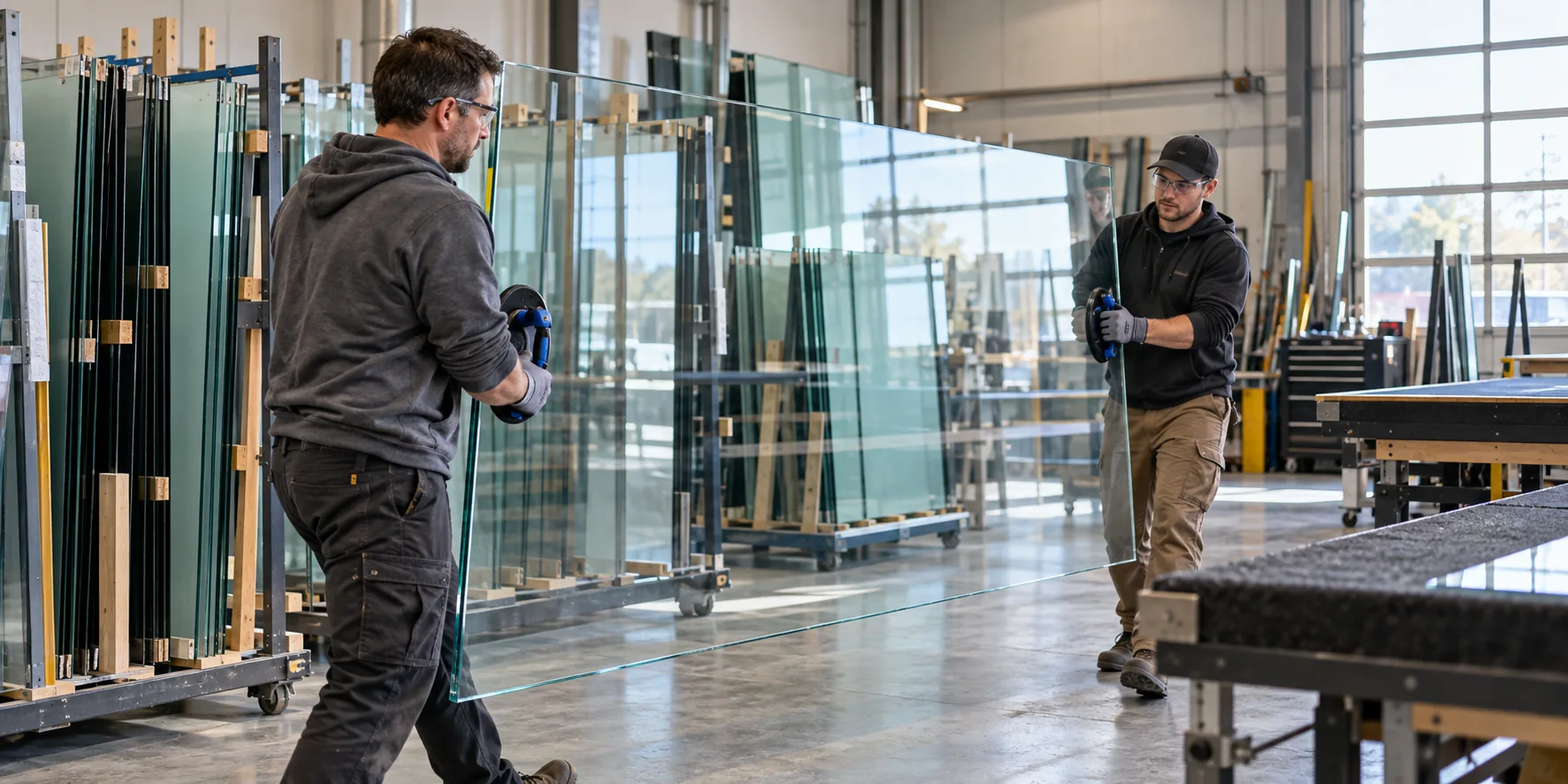 Illustrative view of glass installers in a workshop