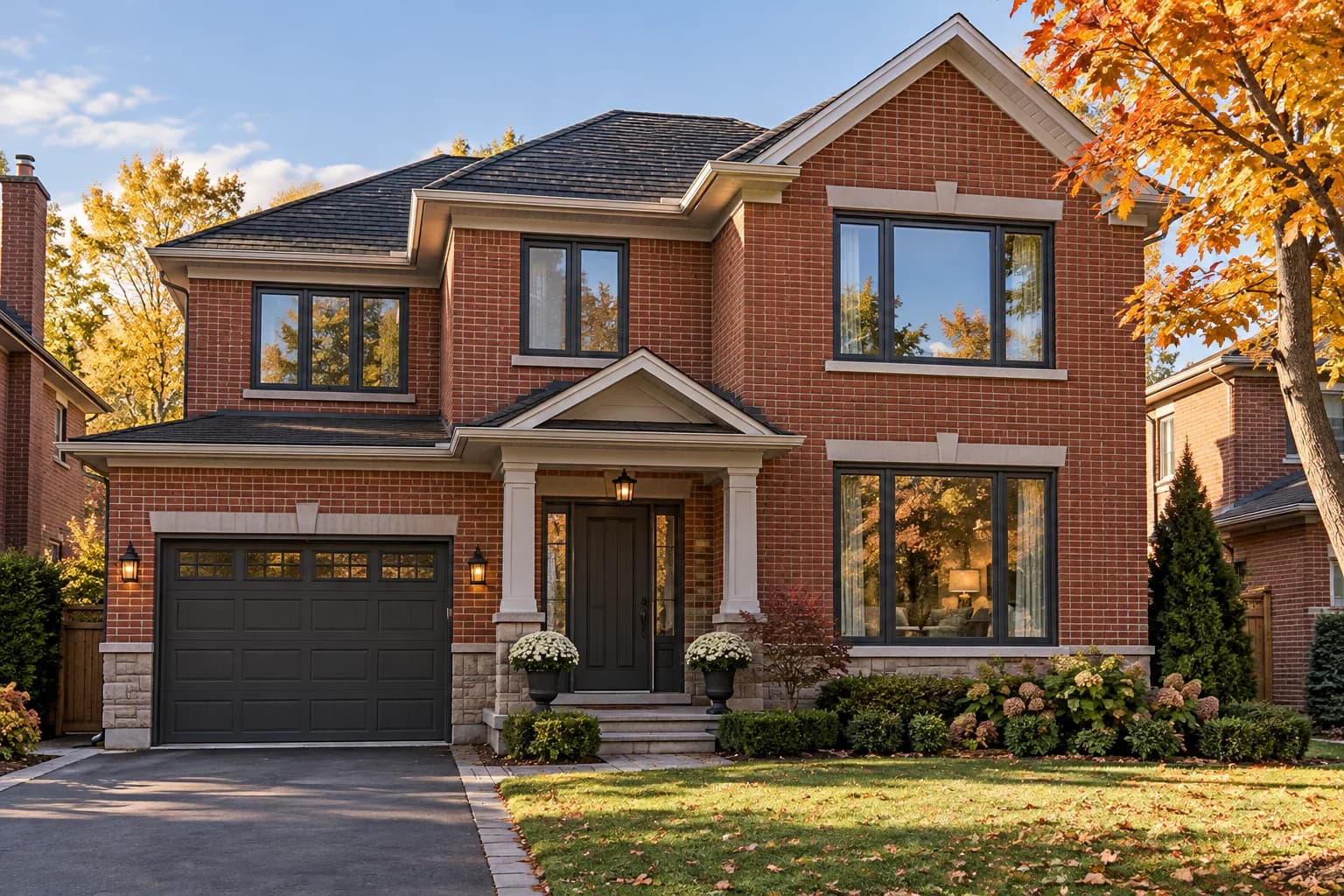 Illustrative Toronto brick house with charcoal replacement windows