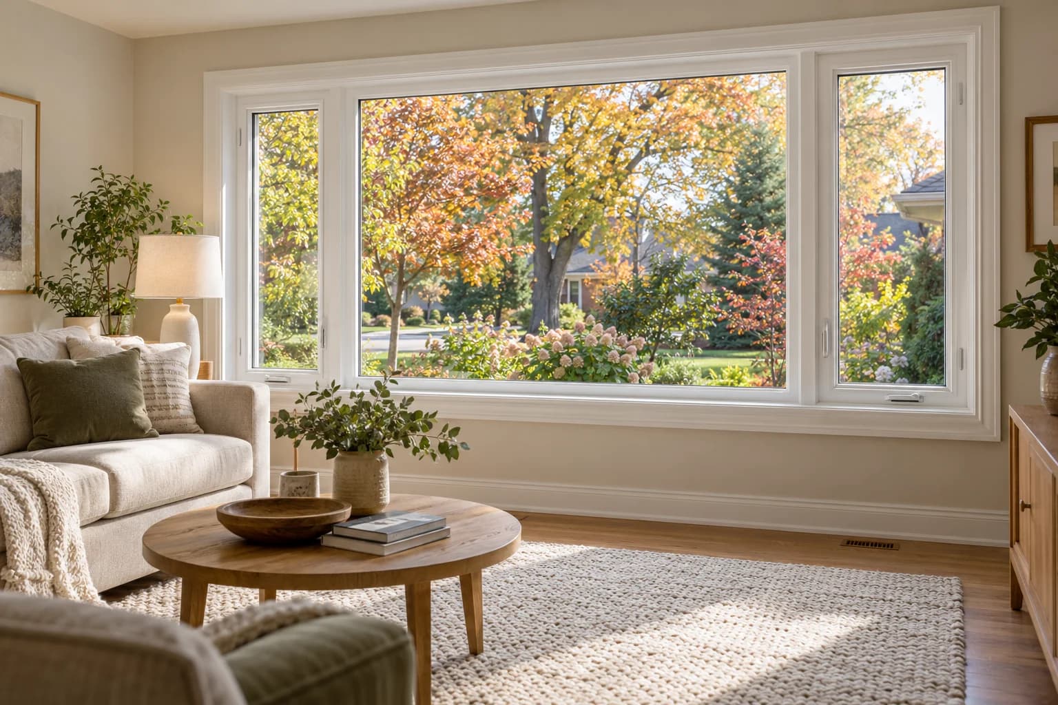 Illustrative Canadian living room with white picture and casement windows