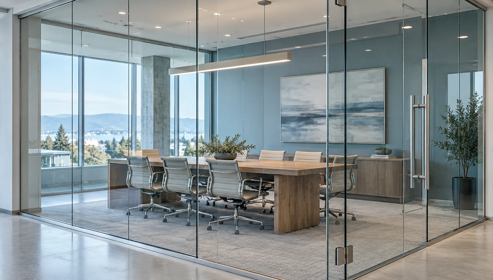Modern office meeting room enclosed by full-height glass walls and a glass door