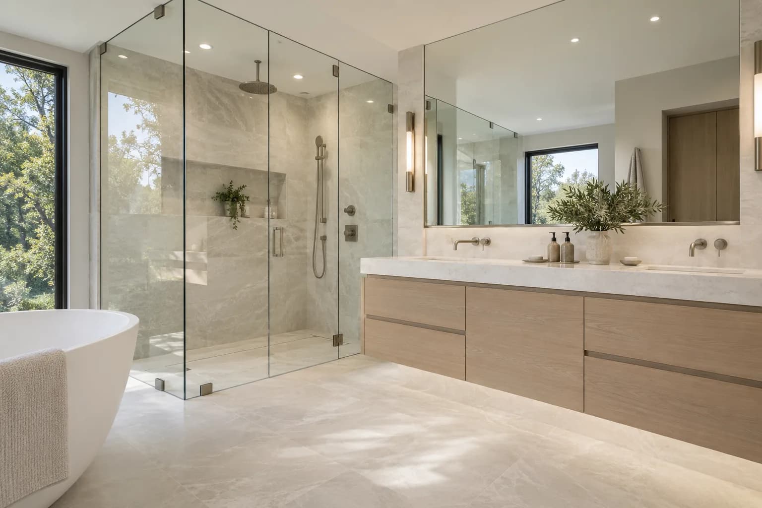 Bright modern bathroom with a frameless glass shower and wall mirror