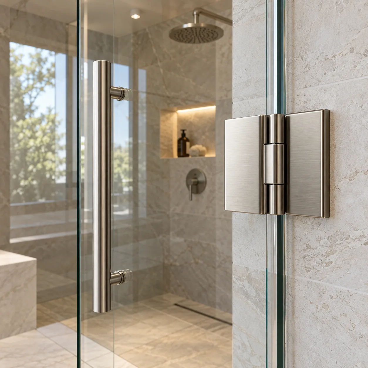 Close-up of polished glass edge / hinge detail