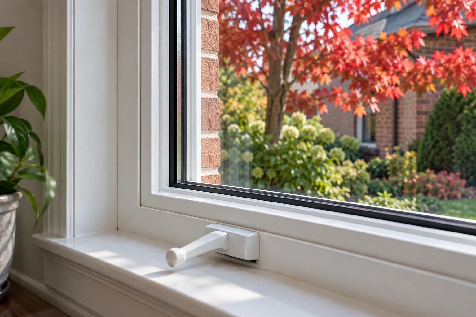 Illustrative close-up of a vinyl casement window frame, weather seal and crank handle