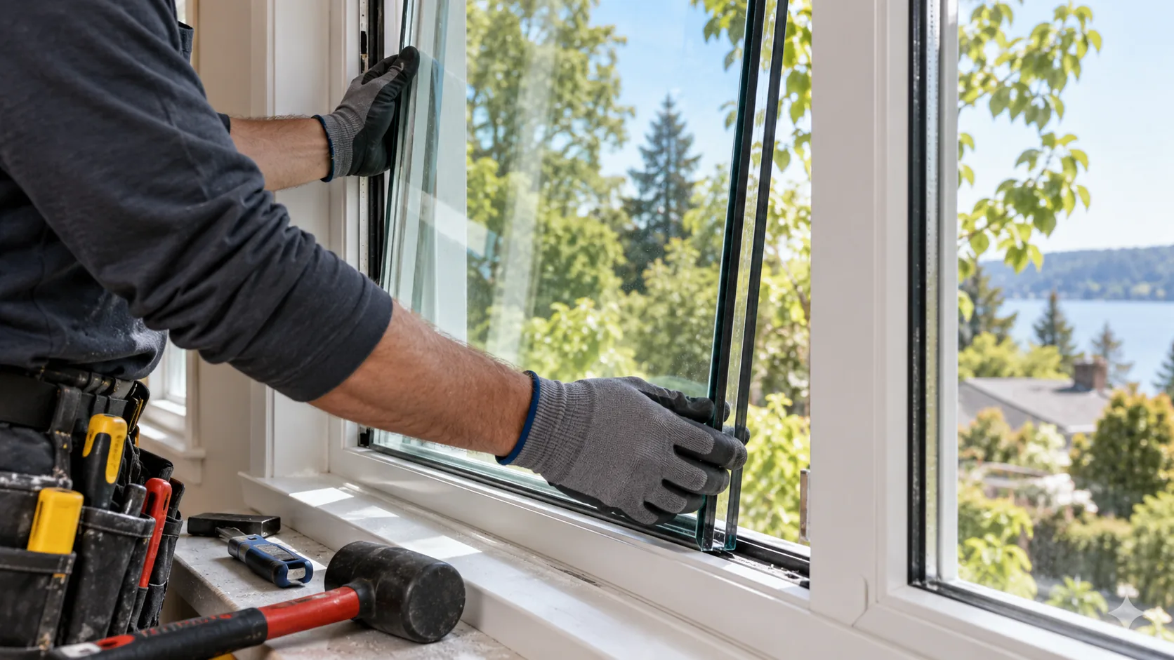 Technician replacing a sealed glass unit in a residential window frame